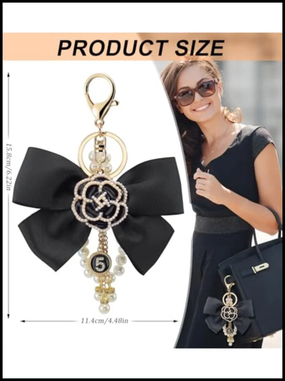 Camellia Flower Bag Charm with Pearl Bow-Knot Keychain for Handbags